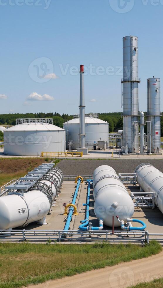 A 3D visualization showcases a chemical plant featuring oil gas storage cryogenic liquid containers factories with spherical highpressure tanks pipelines and the exterior of greenery on a summer day photo