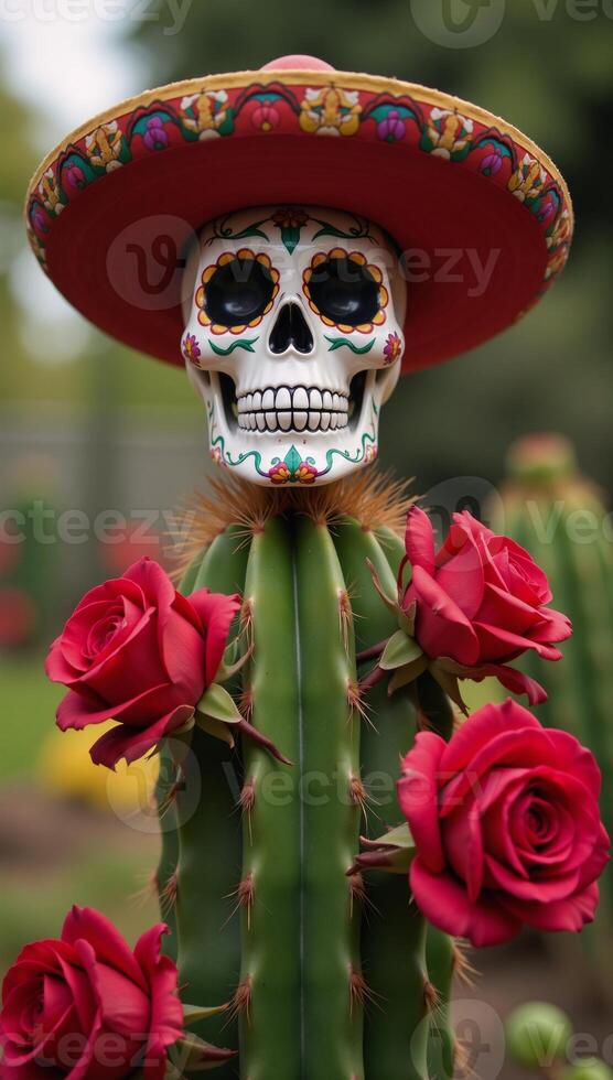 Day of the Dead Skull with hat cactus adorned with red roses photo