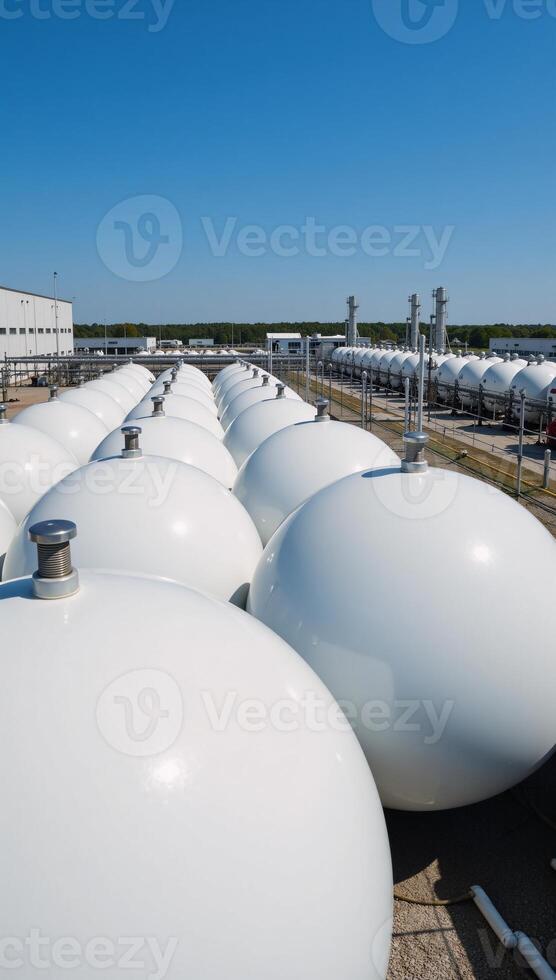 A 3D rendering of a modern petrochemical factory featuring spherical BPVC gas storage tanks under a bright blue sky photo