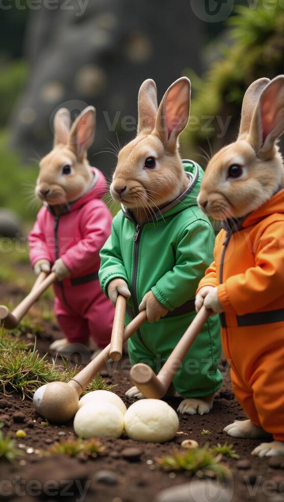 On an exotic alien planet rabbitastronauts use hammers to make mochi among otherworldly flora and fauna photo