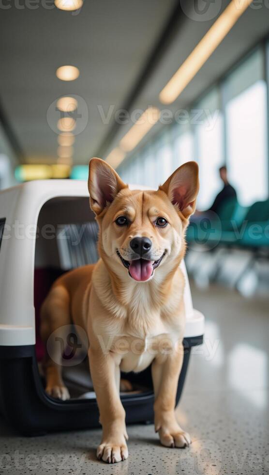 A neural networkcreated image portraying an adorable dog carrying a pet carrier at an airport setting photo