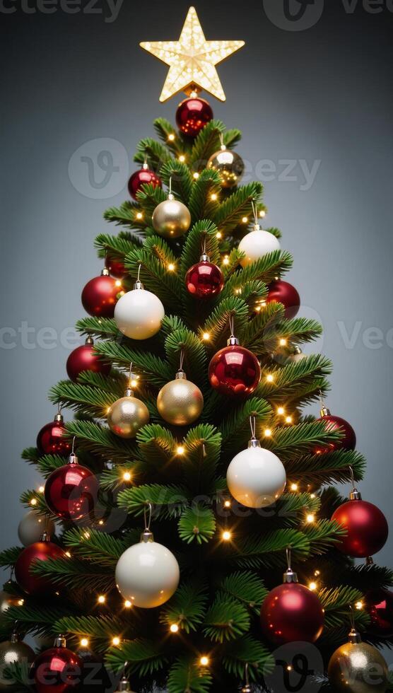 A lavishly adorned Christmas tree features colorful ornaments sparkling lights and a shining star atop it photo