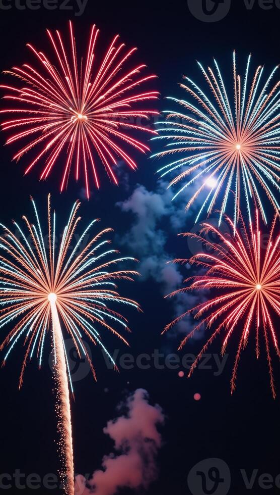 Ultrawide festive firework display showcasing patriotic flag colors against central blank space photo