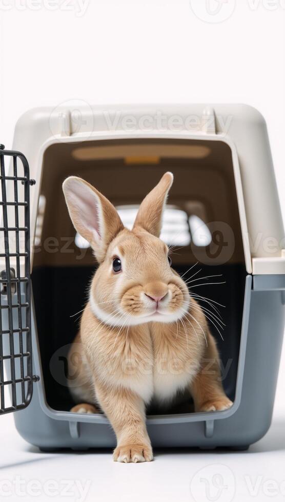 Rabbit curiously peeks out of pet carrier in preparation for veterinary checkup with a plain white background photo