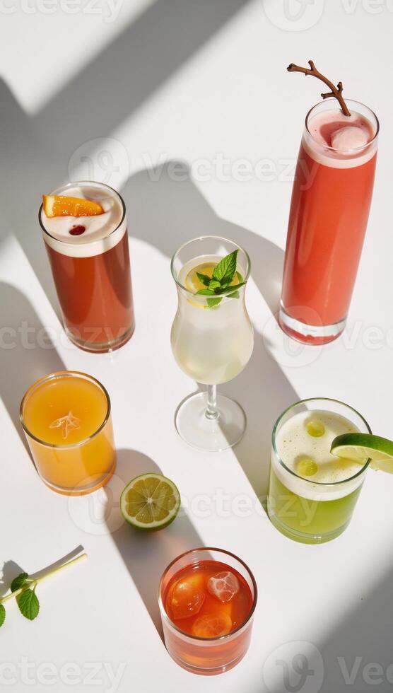 A summery assortment of colorful cocktails on a white backdrop with hard lighting shadow patterns in a topdown perspective photo
