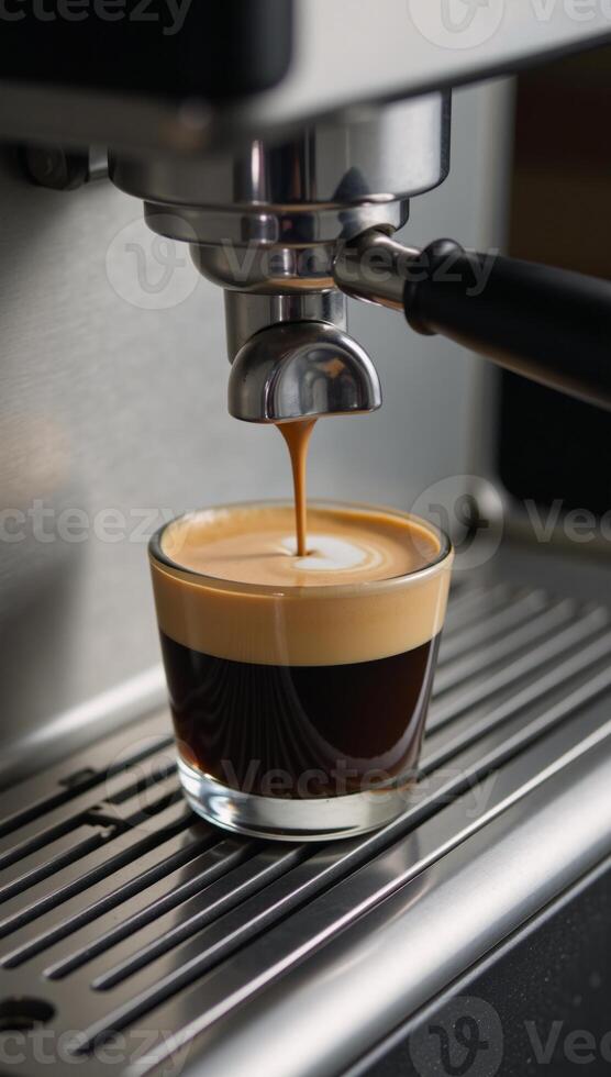 Closeup shot of espresso pouring from coffee maker showcasing expert brewing technique photo