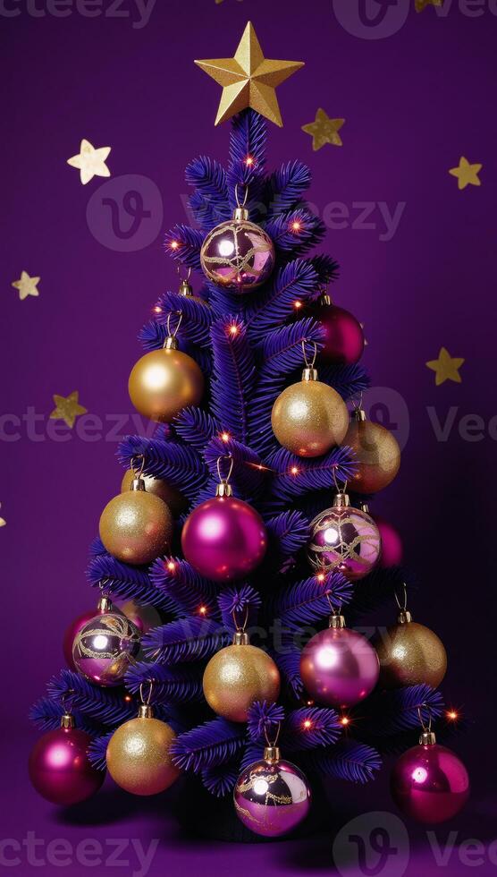 A Christmas tree decorated with gold ornaments adorns a purple backdrop complete with a shimmering gold star atop photo