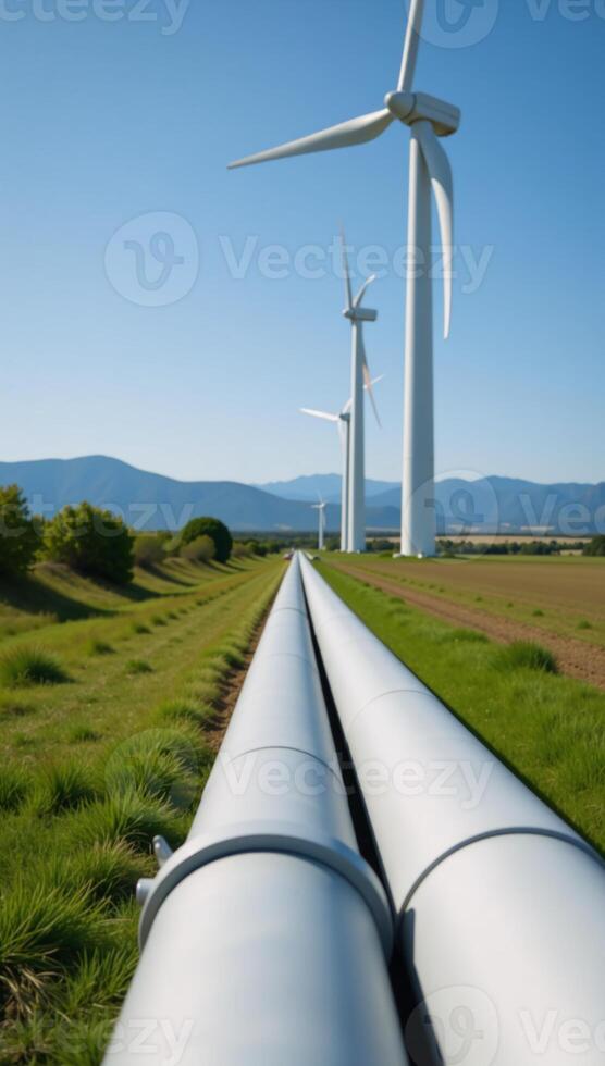 Hydrogen pipeline amidst windpowered energy source wind turbines photo