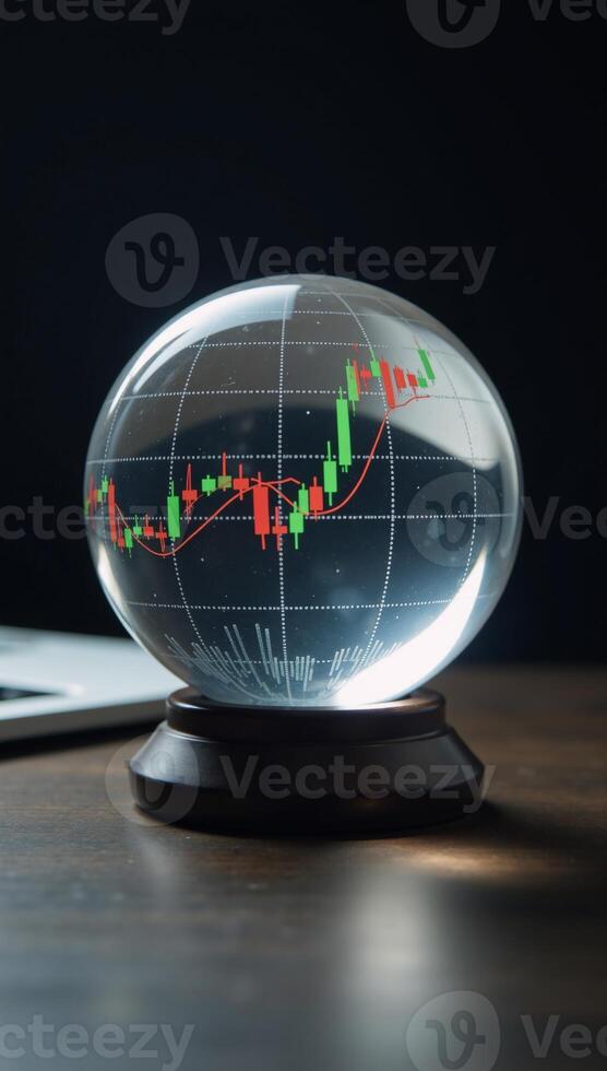 Investment outlook Stock market prediction depicted through a crystal ball featuring a candlestick chart for forecasting purposes photo