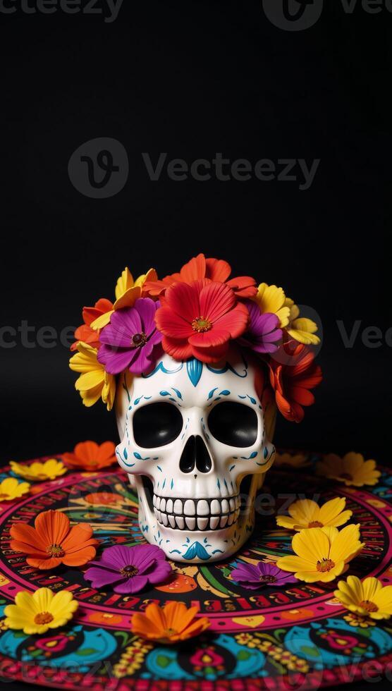Day of the Dead theme Skull and vibrant floral arrangements against a dark backdrop Copy Space photo