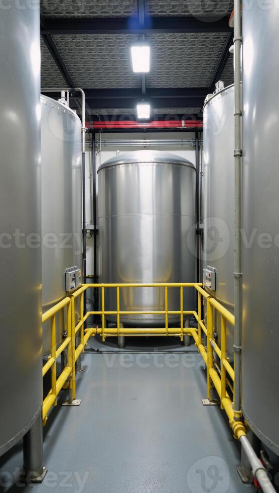 A futuristic interior view of a hydrogen production and processing plant featuring large storage tanks connected by intricate piping systems for H2 manufacturing visualization photo
