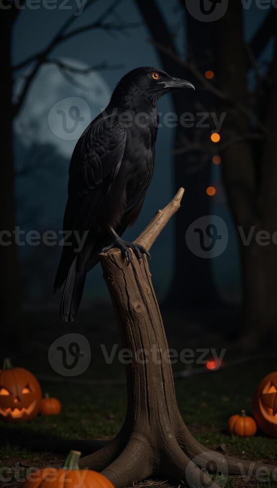 A bird perched on a spooky Halloweenthemed branch at night photo