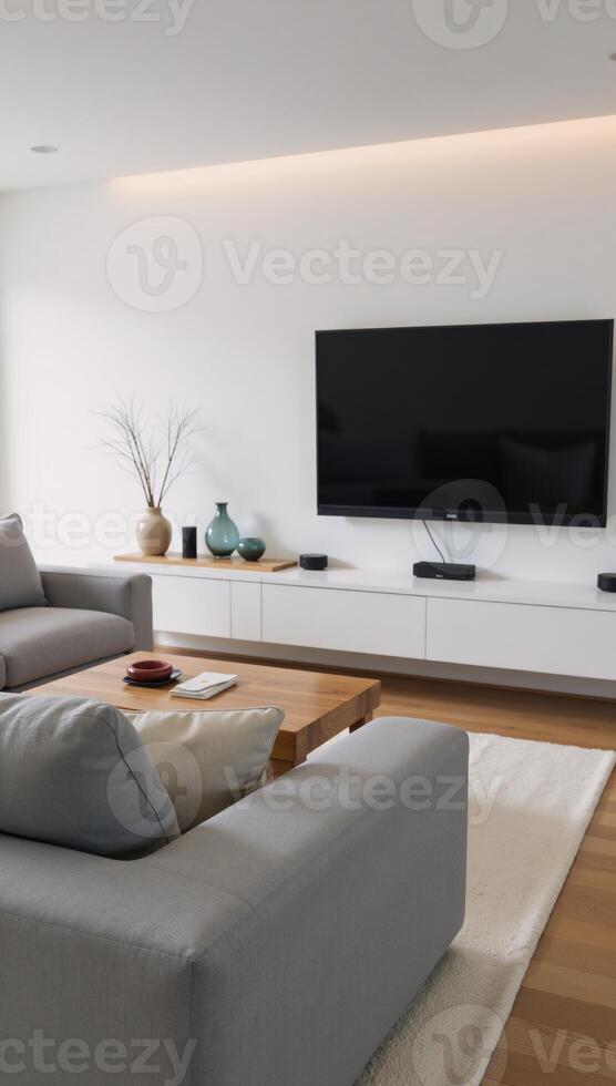 Modern smarthome tech meets comfortable relaxation sleek living space boasts gray sofa amidst cuttingedge gadgetry photo