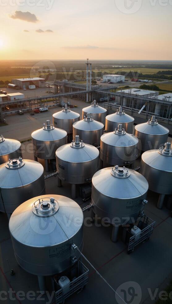 A summer evening industrial scene features a chemical factory with large pressurized hydrogen storage tanks and BPVC manufacturing facilities amidst the sprawling terrain of industrial ASME tanks photo