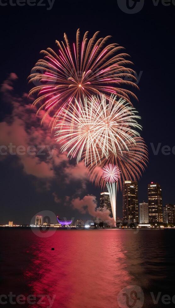 Fireworks display illuminating city skyline at night over water reflection photo