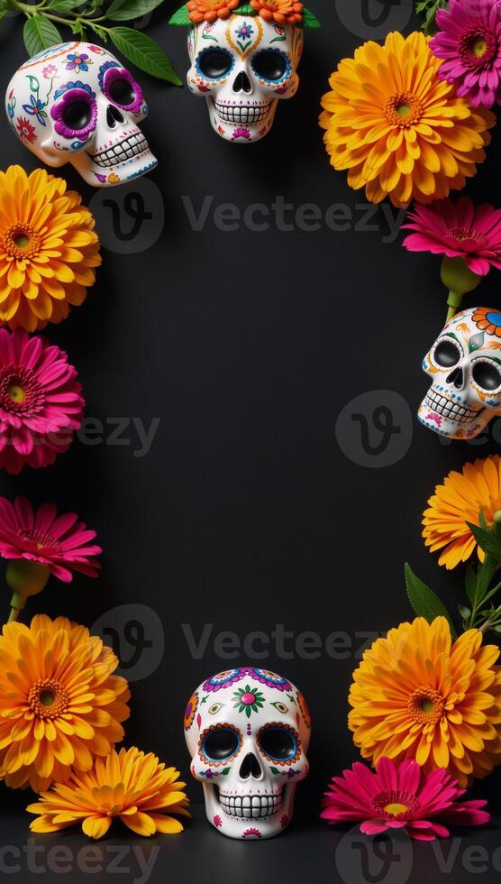 Vibrant Day of the Dead scene featuring traditional sugar skulls marigolds and room for product promoparty invite photo