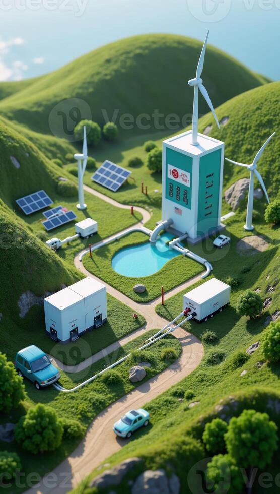 Illustrate a hydrogen ecosystem with an emphasis on its connection to sustainable technologies using isometry photo