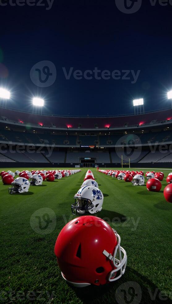 Neonlit football field adorned with multiple helmets and soccer balls photo