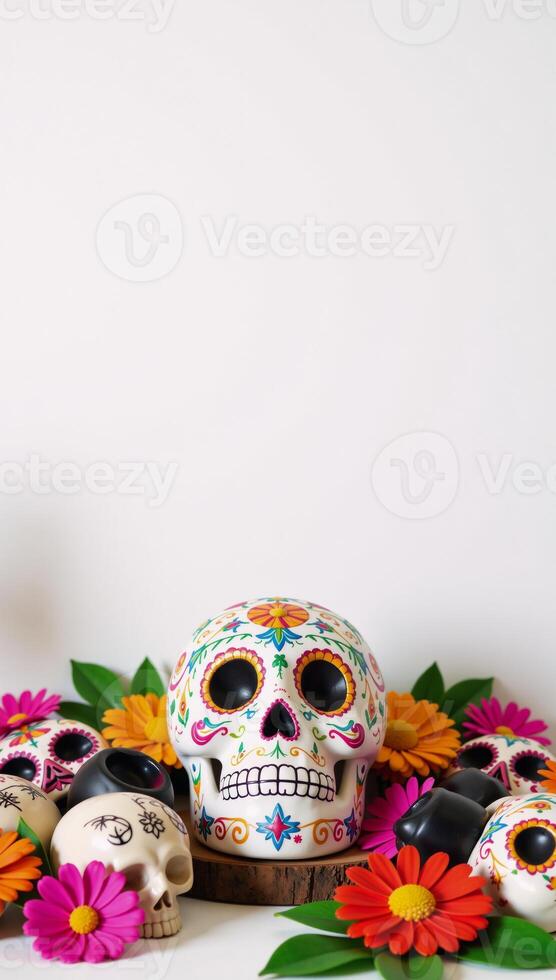 Traditional Mexican Day of the Dead decoration featuring sugar skulls floral arrangements and leafy elements in a celebratory setting with an empty space for personalization photo