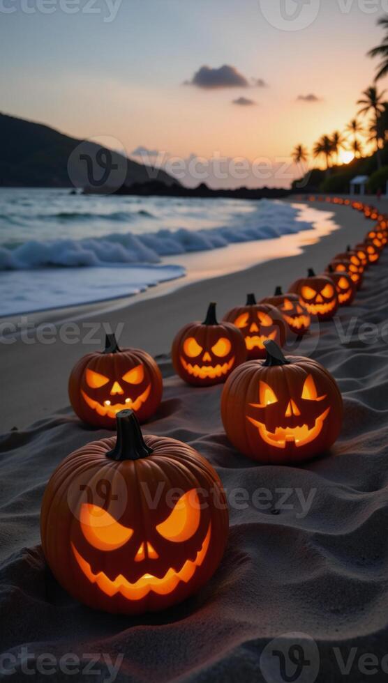 Spooky Halloween beach scene featuring lit jackolanterns and dark waters photo