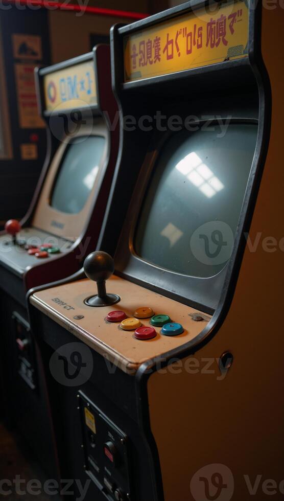 Vintage gaming console amidst nostalgic arcade room with classic joystick colorful buttons photo