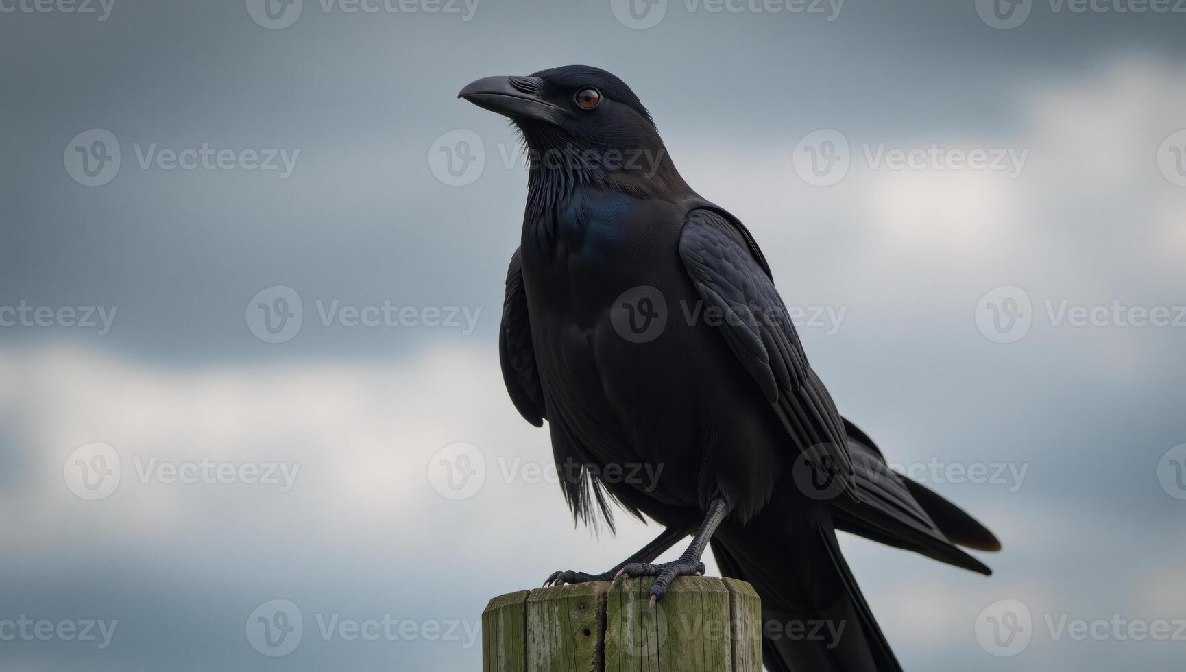 Image of a solitary crow perched on a power line against a backdrop of an industrial cityscape at sunset photo