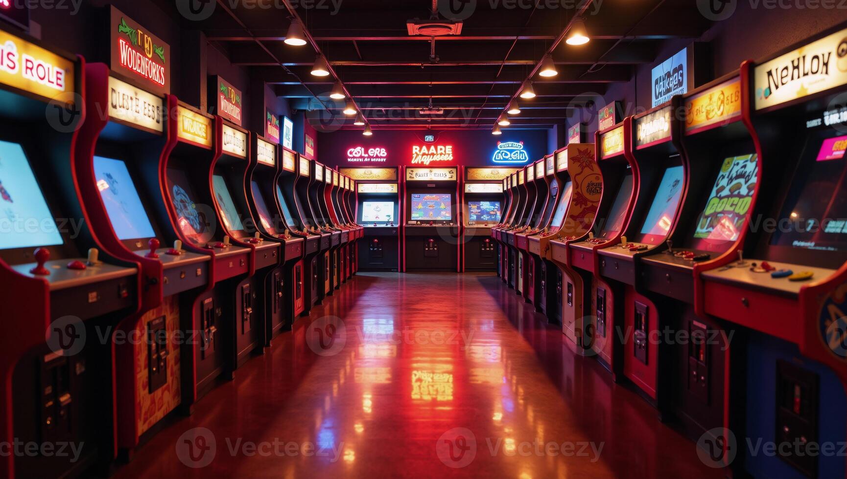 A retro arcade wonderland shines brightly with rows of vintage game machines and glowing neon reflections photo