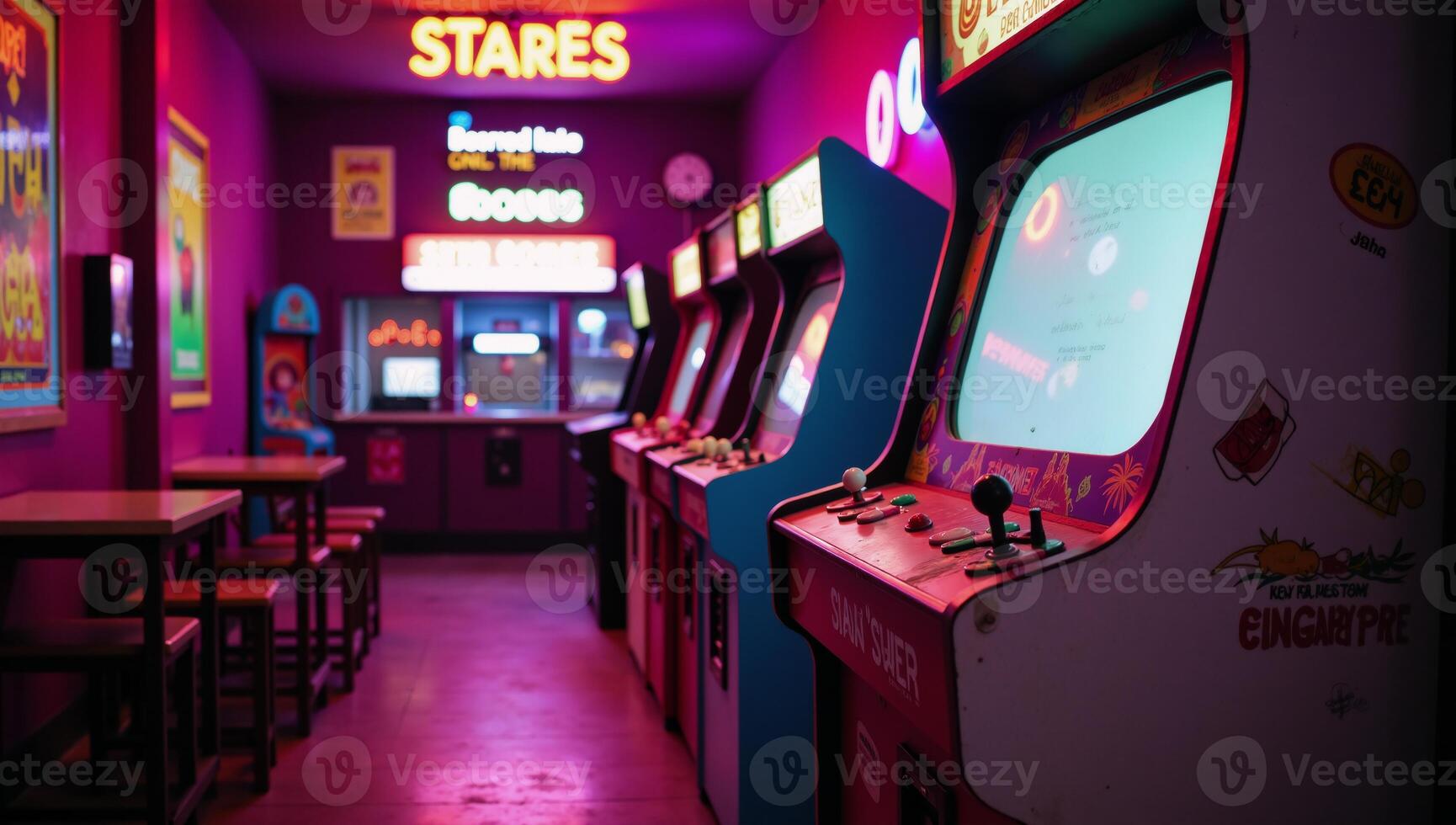 Vibrant Neon Arcade Scene with Retro Game Cabinet photo
