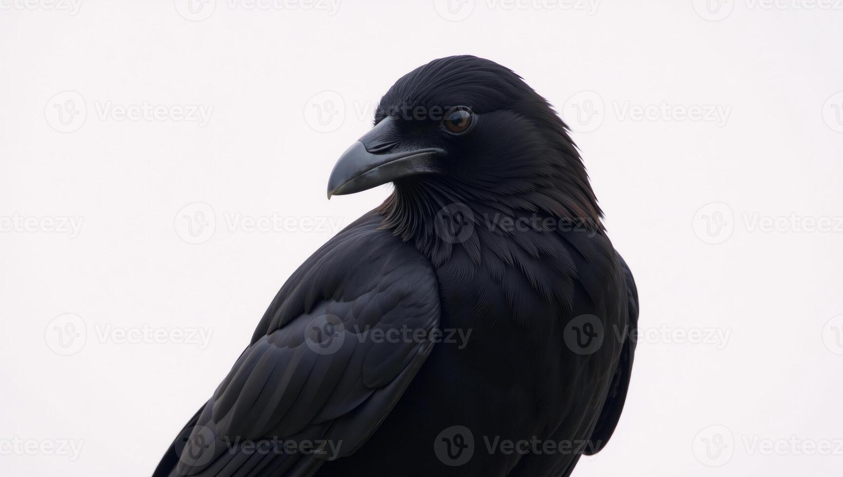 A raven blackbird stands on a stark white background photo
