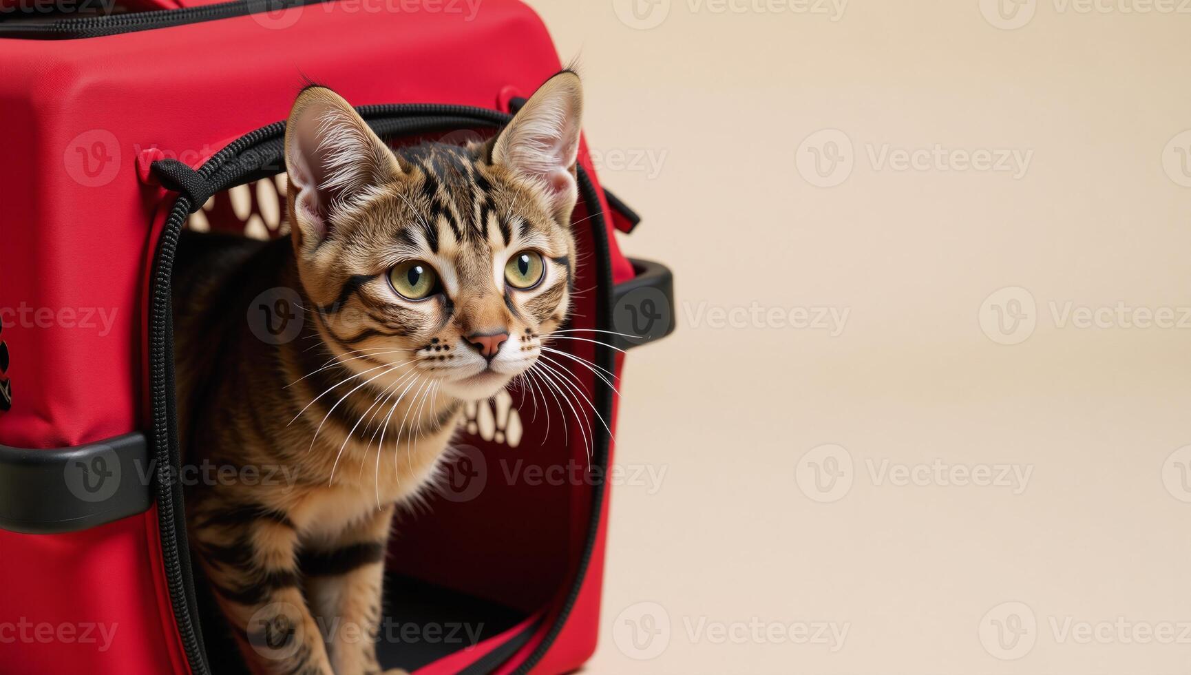 A tabby cat peering out of a red pet carrier photo