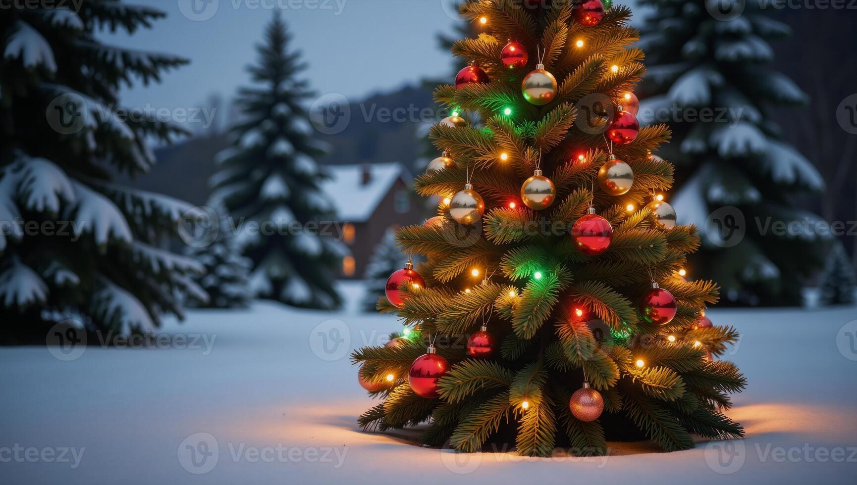A picturesque Christmas scene featuring a shining tree adorned with glittering gold ornaments amidst a frosty snowcovered landscape photo