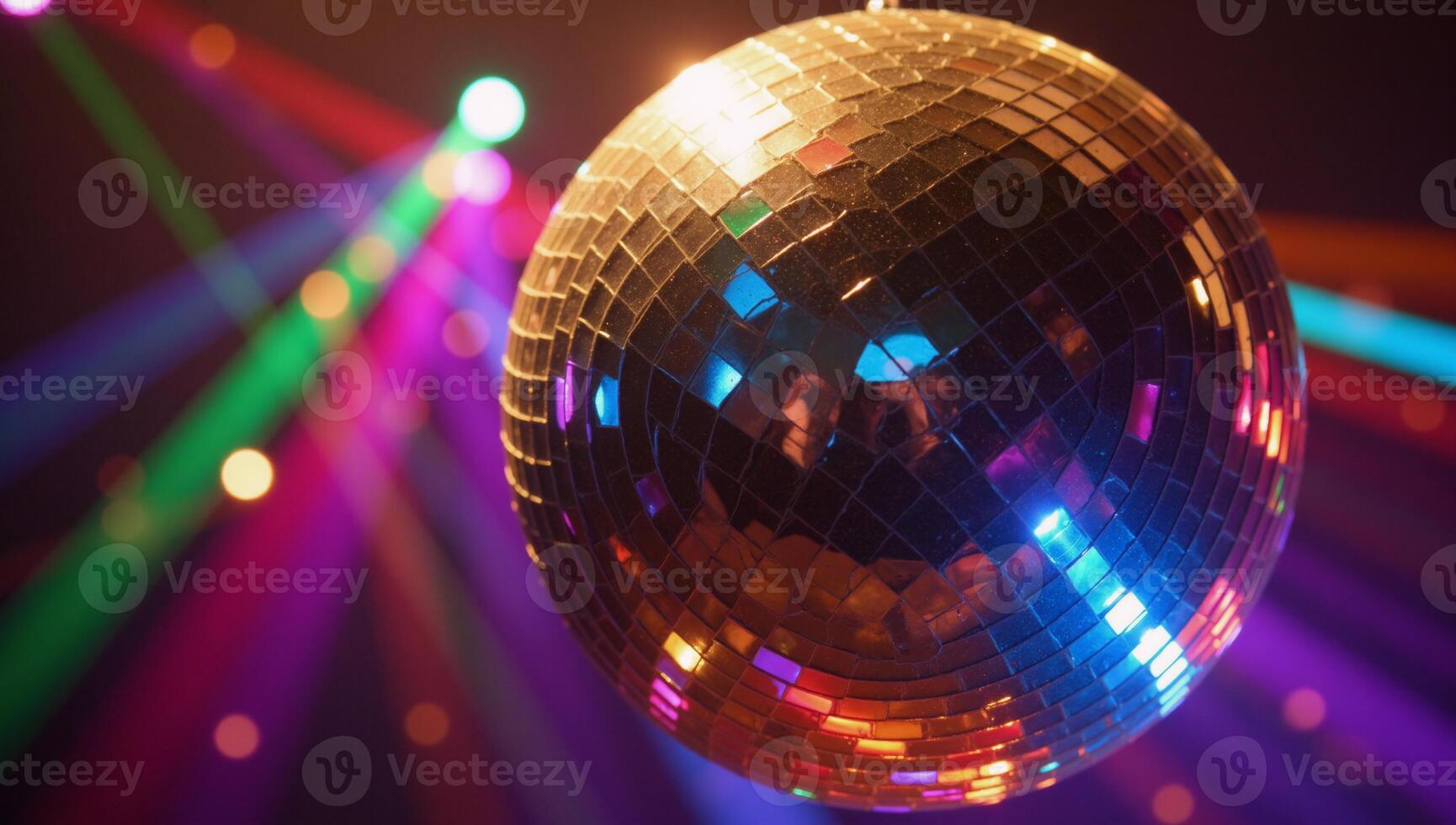 Discothemed image featuring a shimmering disco ball surrounded by vibrant disco lights photo
