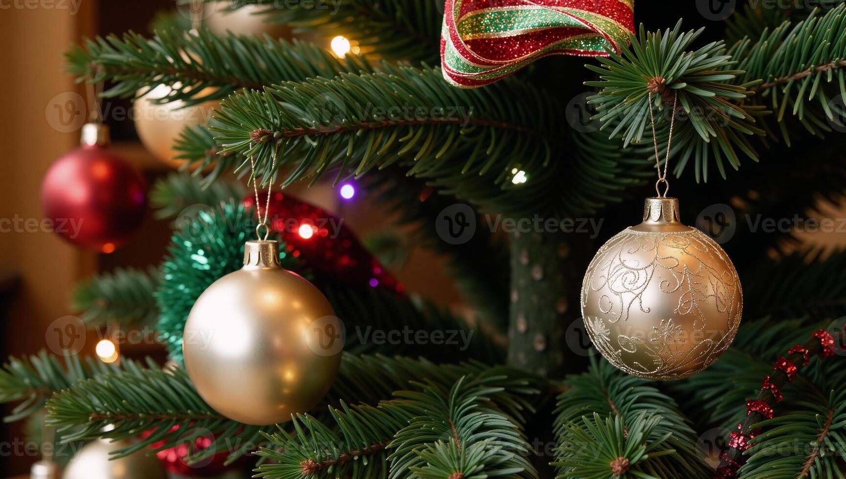 A decorated Christmas tree adorned with festive ornaments photo