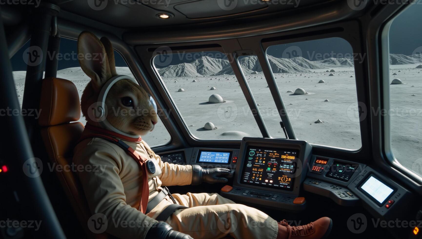Rabbit piloting spaceship to moon Space travel anthropomorphic rabbit pilot photo