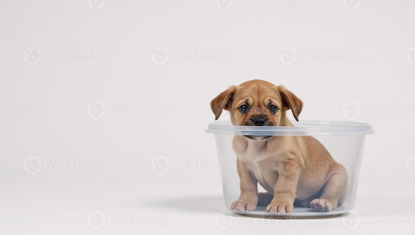Little pup confined inside plastic pet carrier set against plain white backdrop photo