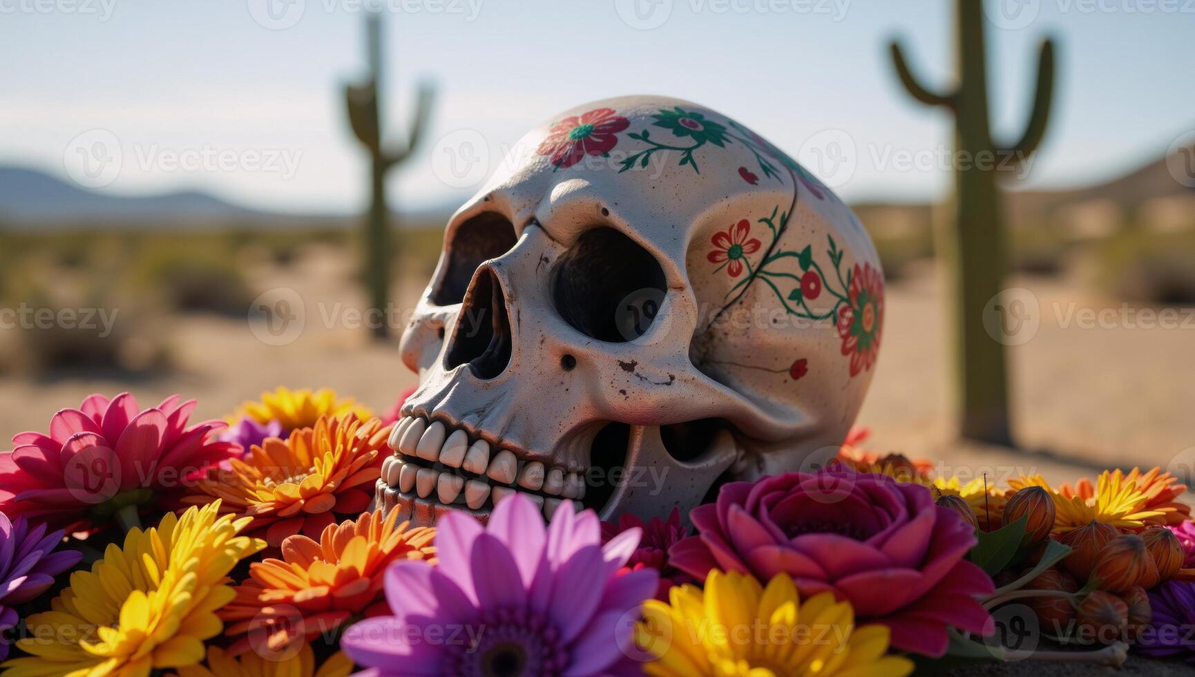 A Dia de los MuertosCinco de Mayo celebration featuring La Llorona and La Santa Muerte along with a floweradorned Mexican skull on an altar set amidst a barren desert landscape photo