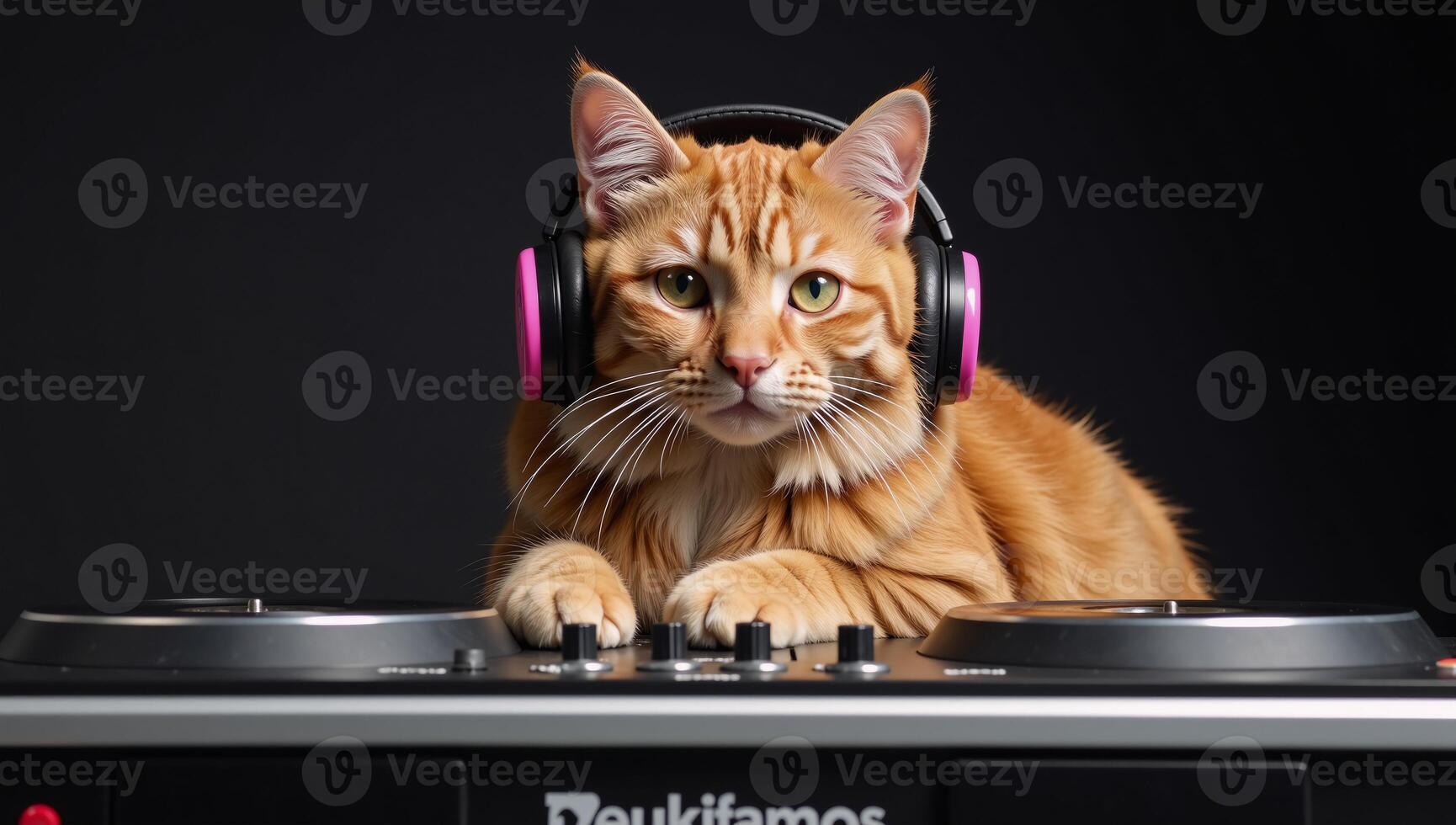 Cat wearing oversized headphones sits at a DJ booth with turntables photo