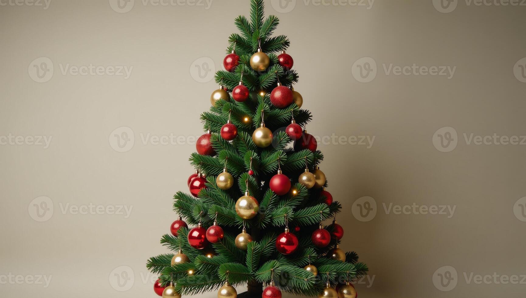A Christmas tree adorned with numerous bright ornaments featuring both gold and red decorations for a festive New Year display photo