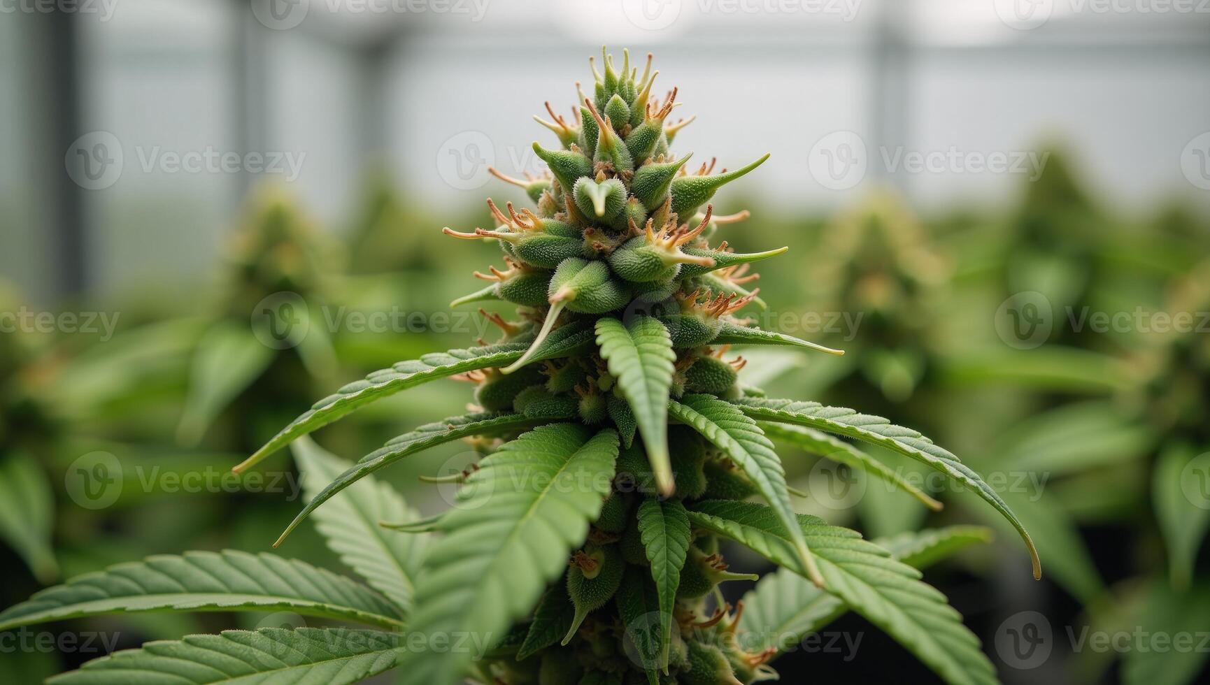 Closeup photo of mature cannabis sativa flower with dense trichomes illuminated by bright lights set against a contemporary greenhouse backdrop