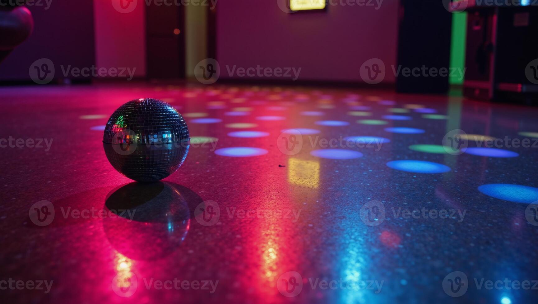 A vibrantly reflected disc ball illuminates an empty colorful 80sstyle disco dancefloor photo