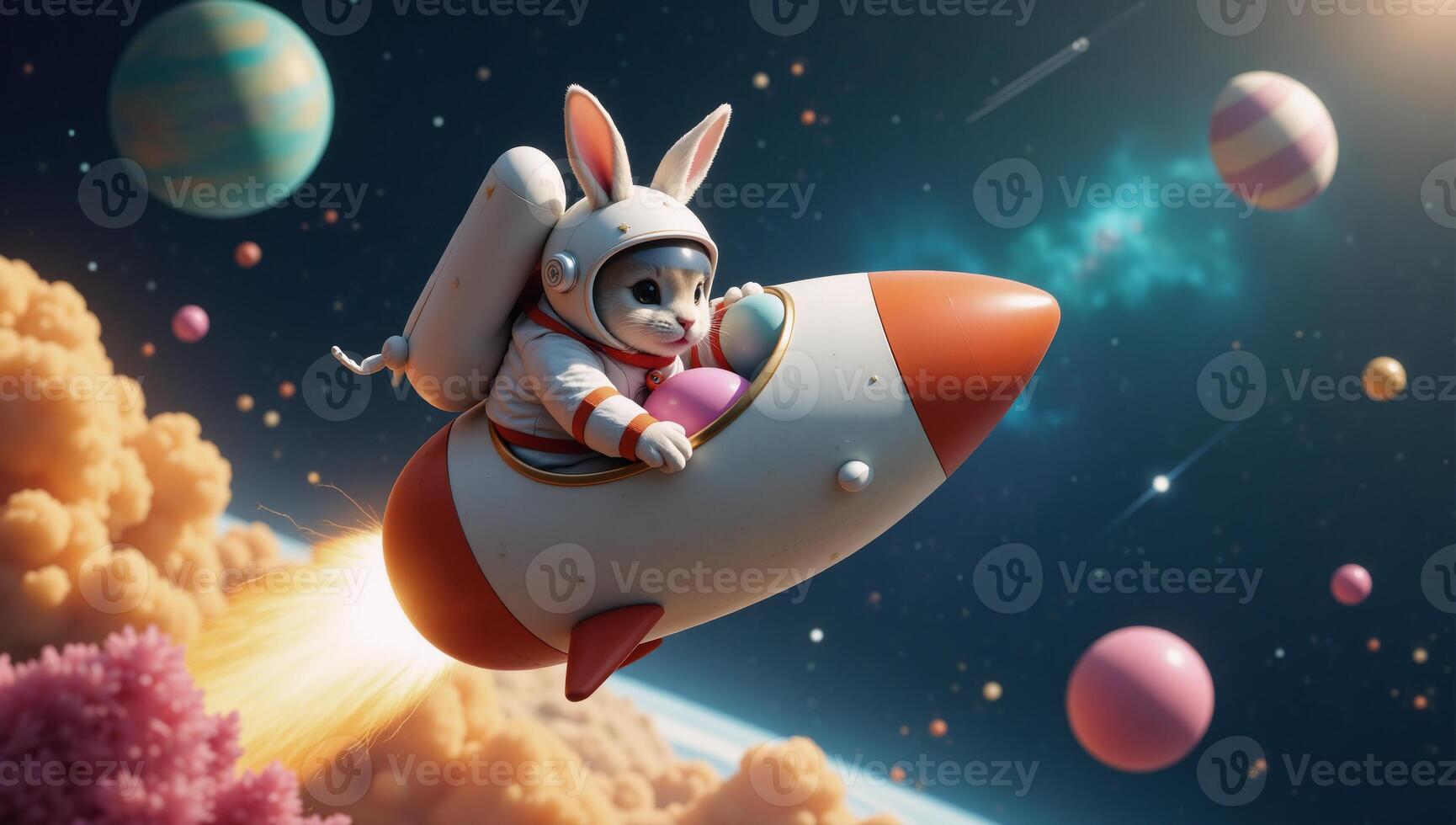 Launch Easter fun Bunny Astronaut in space on an eggrocket photo