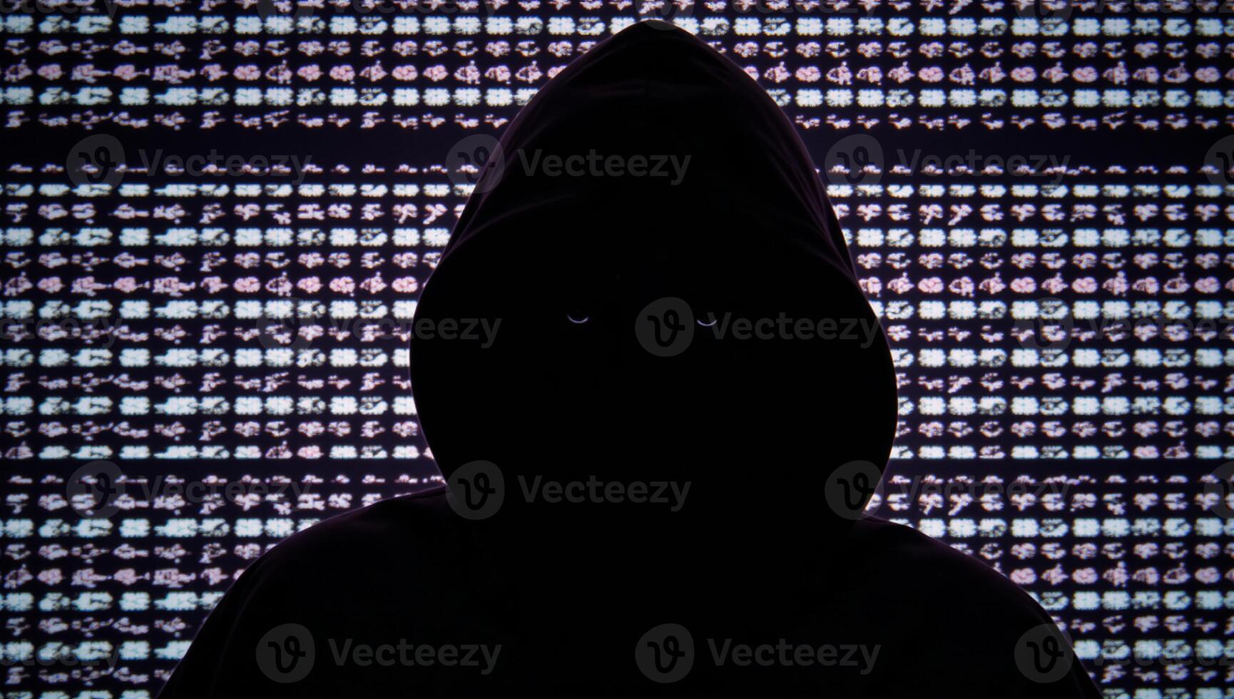 Hacker in hood against glitchy computer code backdrop Glitch Art Style photo