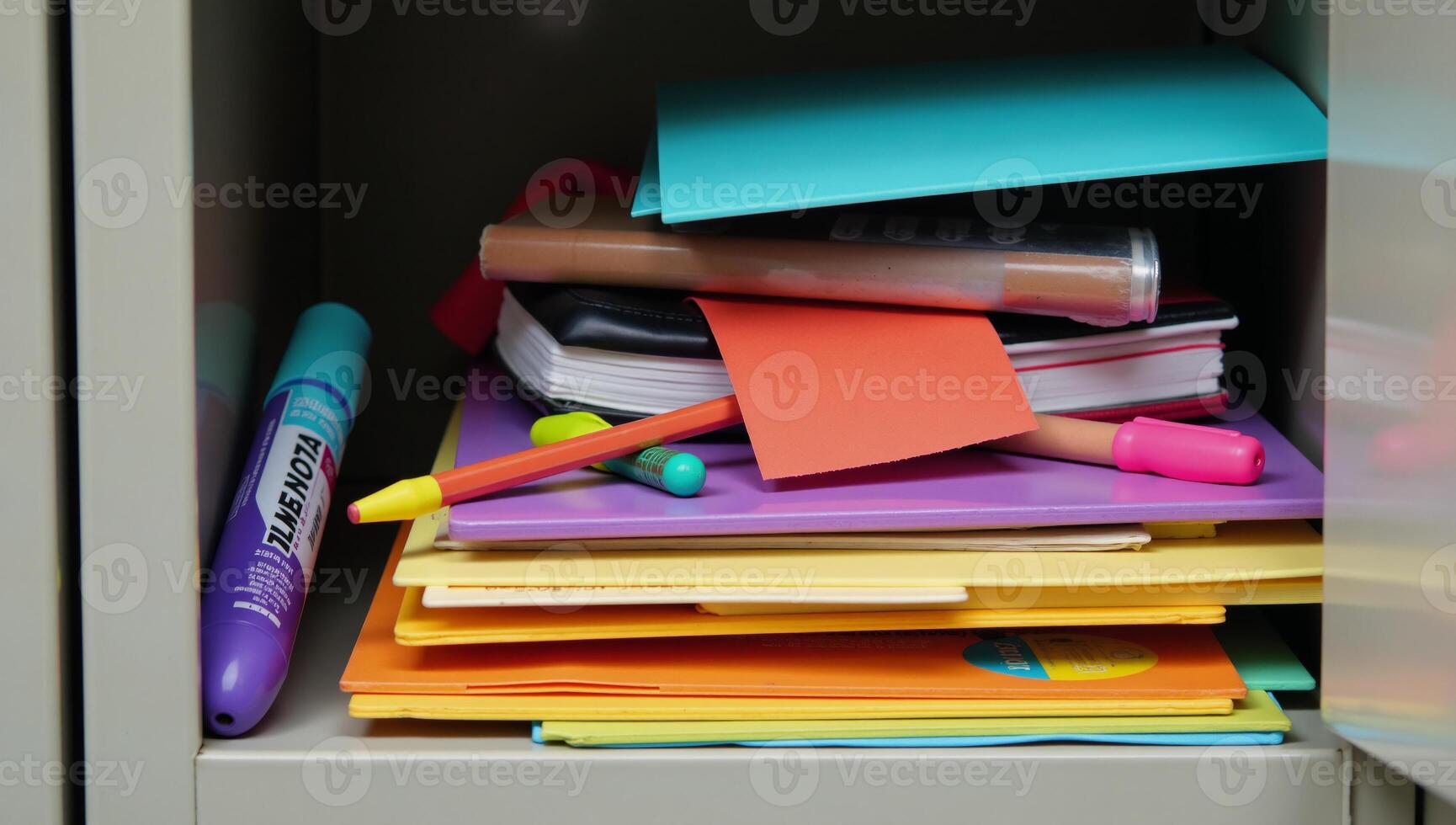 A vibrant display of personal items filling up a standard school locker photo