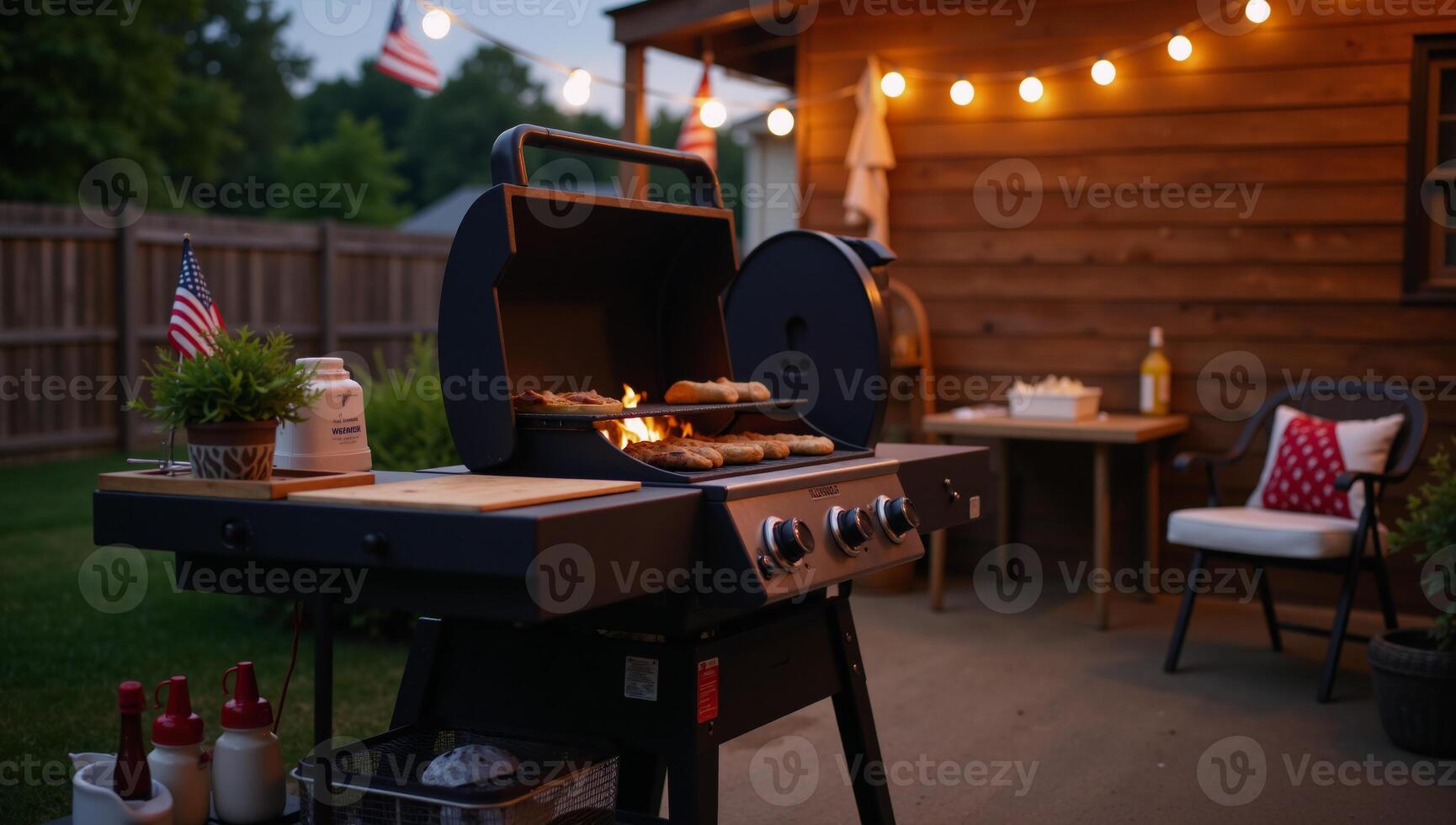 A vibrant Fourth of July grilling scene set in an American backyard highlighted by strings of lights a fire pit and patriotic decor photo