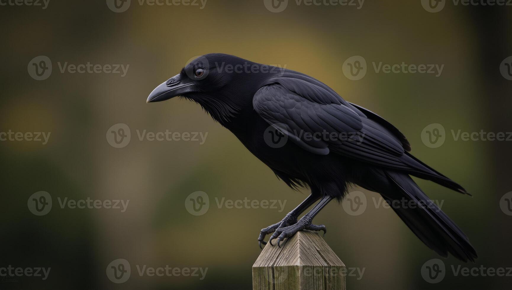 Dramatic image Black raven on spooky fencepost photo
