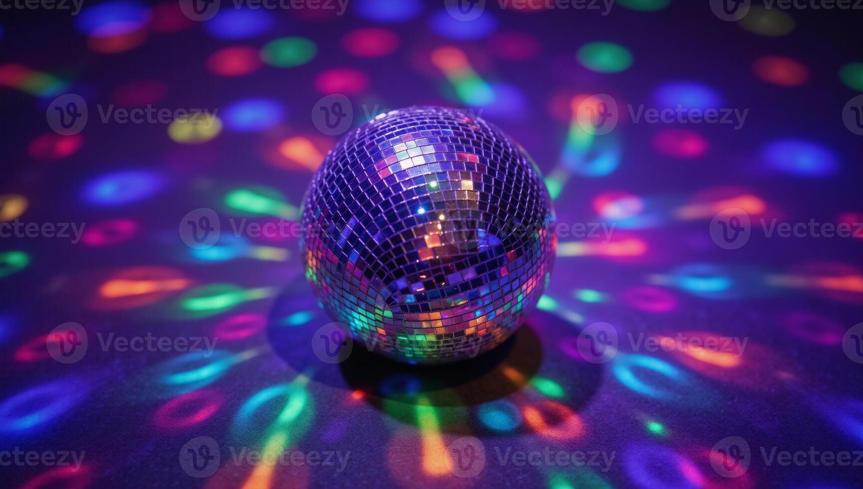 Glowing disco ball surrounded by multicolored light displays photo