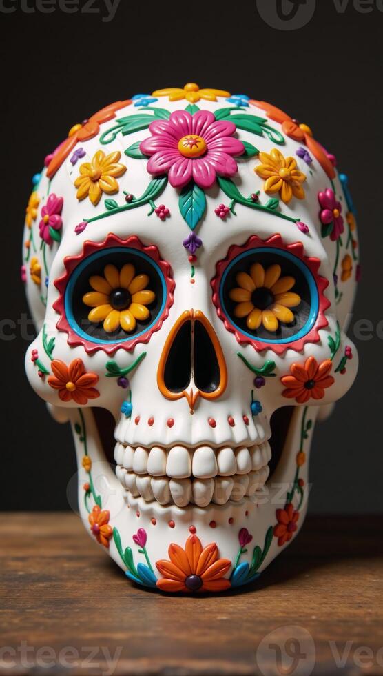 Traditional sugar skull decorated with flowers for Day of the Dead rendered as a detailed 3D illustration photo