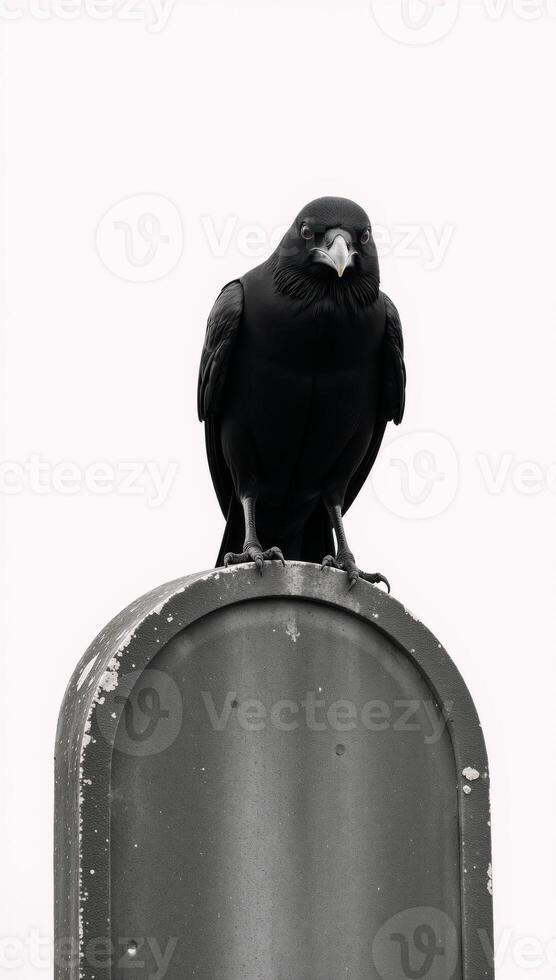 Creepy crow sitting atop a grave marker against a plain white backdrop photo