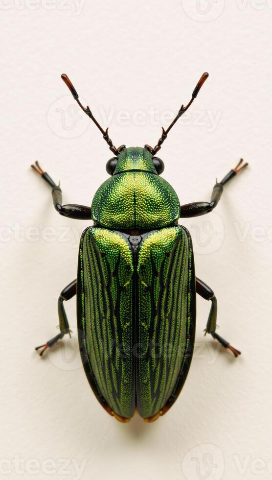 Closeup illustration depicts a green June beetle against a plain backdrop photo
