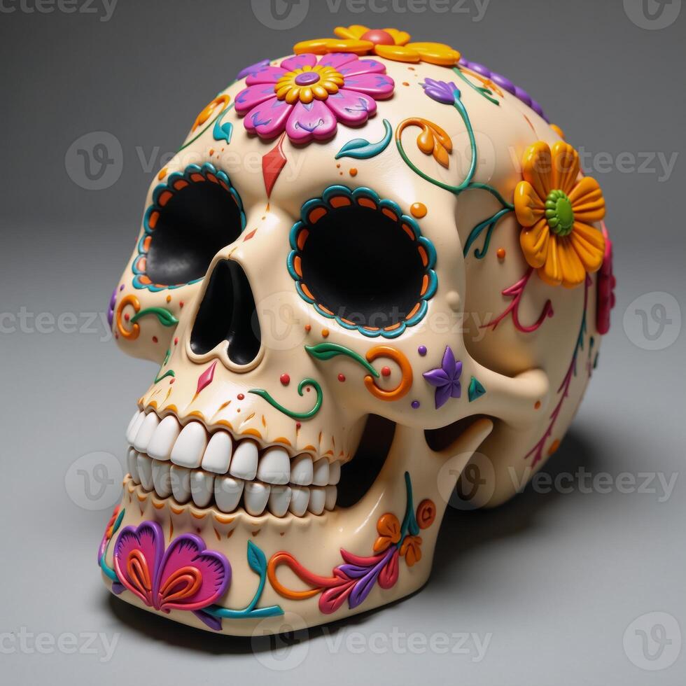 Traditional sugar skull decorated with flowers for Day of the Dead rendered as a detailed 3D illustration photo